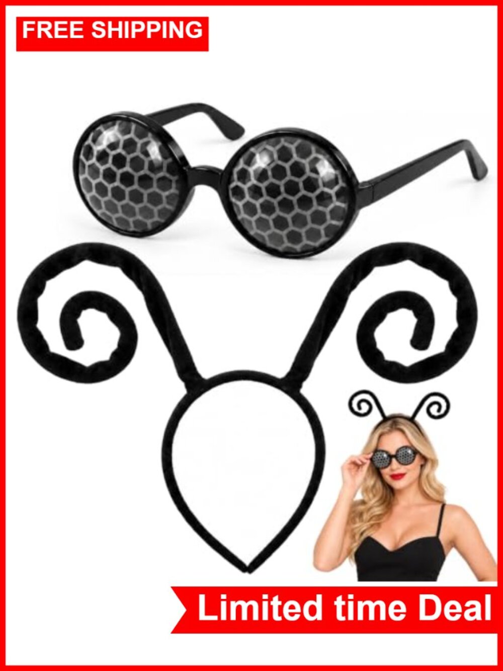 Velvet Butterfly Antenna Headband & Honeycomb Bug Glasses Set Adult Costume